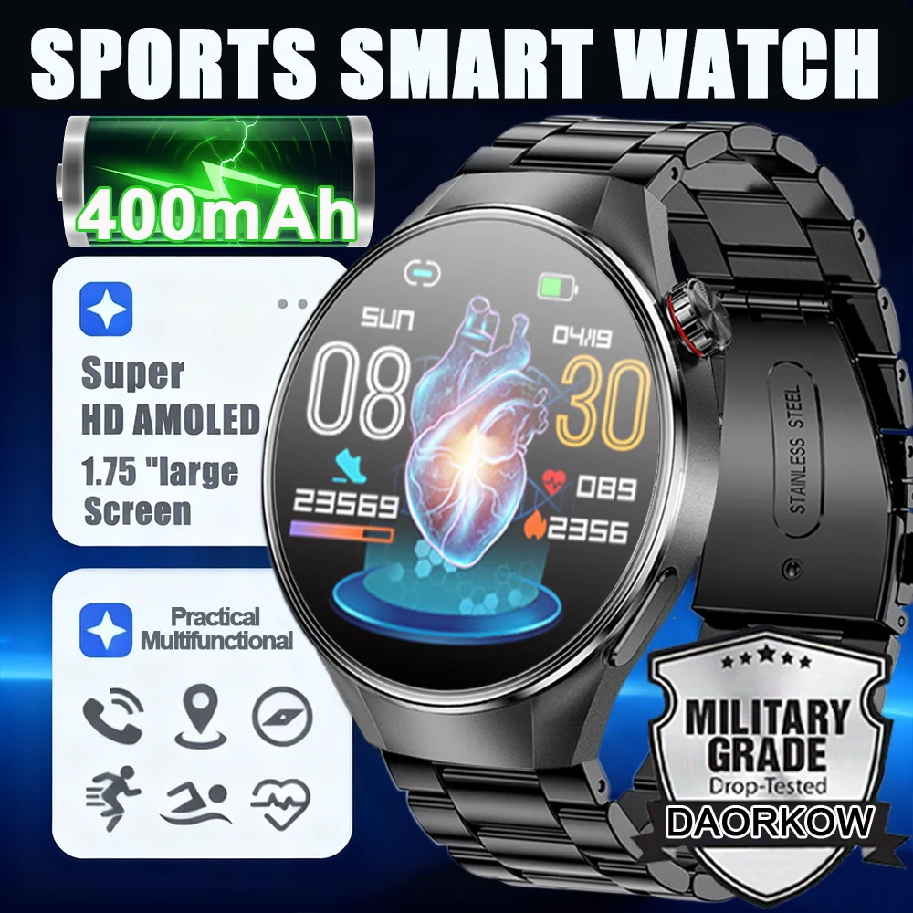 

DAORKOW 2025 New Watch Smart Watch Men 1.75" HD AMOLED Screen GPS track Heart Rate Bluetooth Call Compass Waterproof Smart Watch
