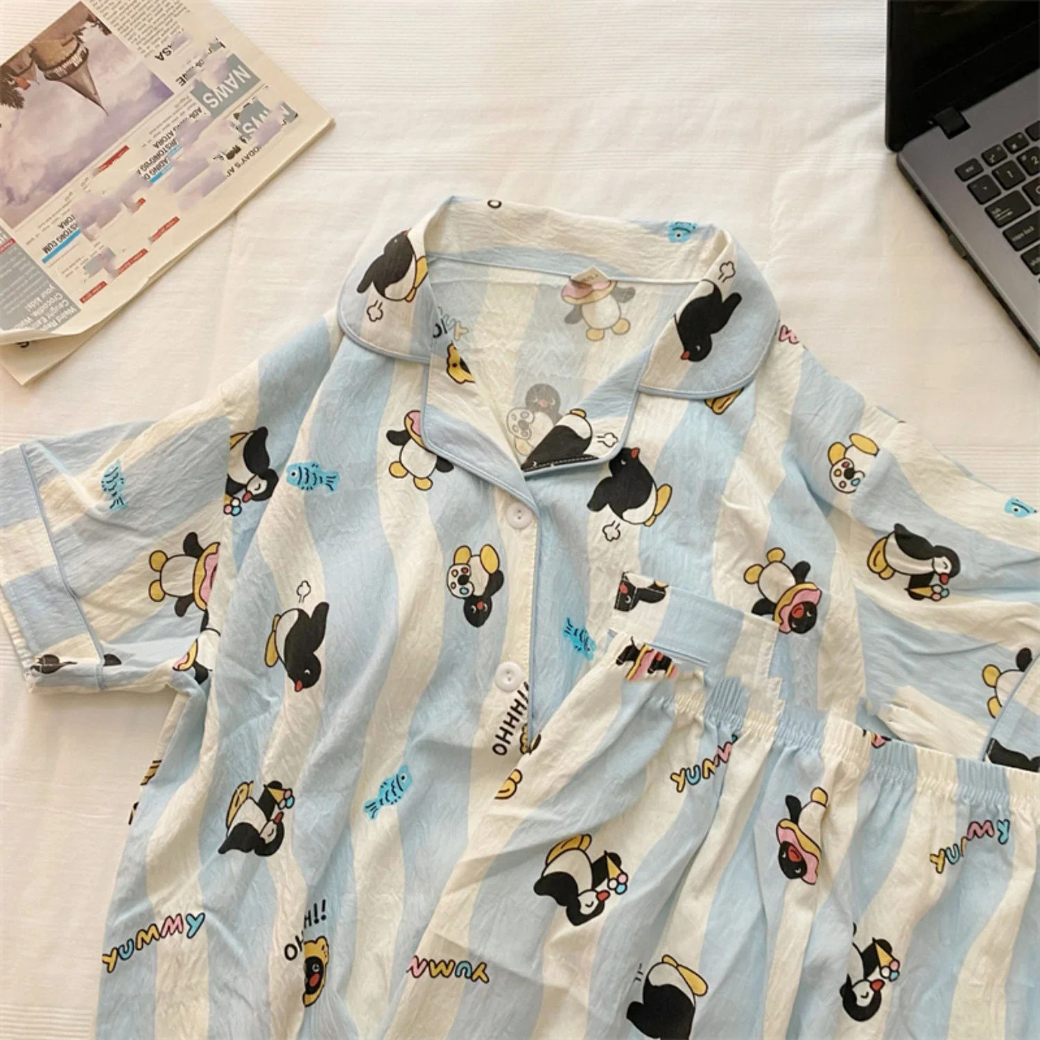 Penguin Print Women Autumn Two Piece Pajama Set Long Sleeve V Neck Top & Elastic Waist Pants 2 Pieces Female Sleepwear Nightwear view 5