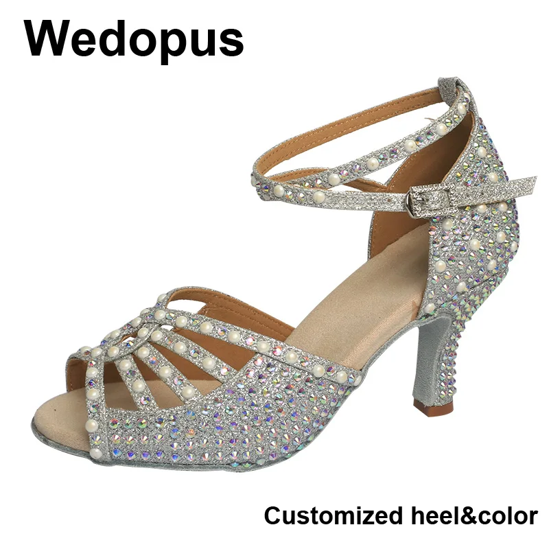 

Wedopus Silver Rhinestone Latin Dance Shoes Women Salas Ballroom Shoes Pearl High Heel 7.5CM Waltz Software Shoes Hot Sale