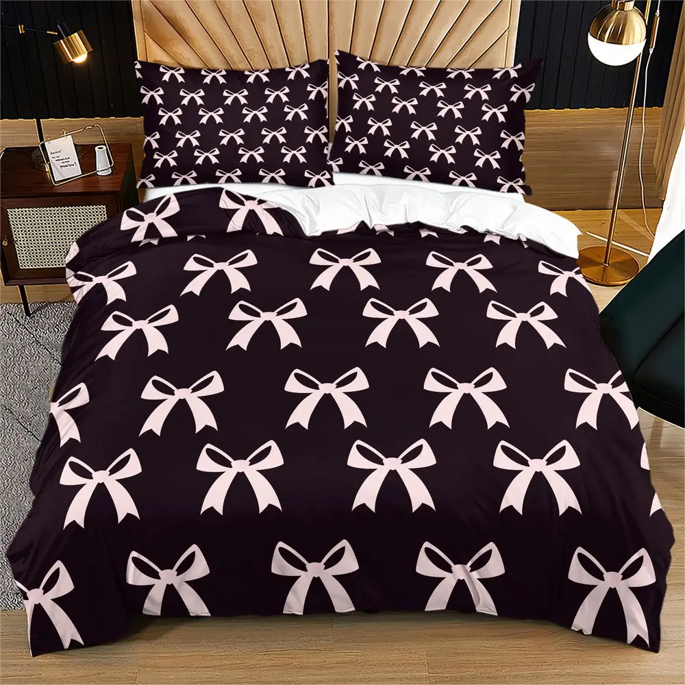 Light Pink Bow Silhouette Print Duvet Cover Set Comforter Cover Bedding Set No Filler Cute Girl Bedroom Soft Bedding Decor
