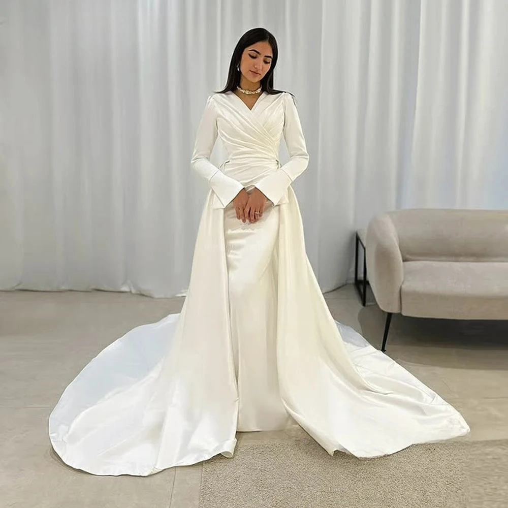 Customzied Fashion V Neck Satin Long Sleeve Floor Length Women Wedding Dress 2026  Latest Model Mermaid High Quality Bridal Gown