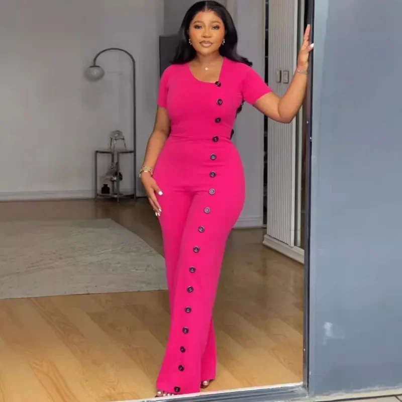 

2025 Button Splicing Side Short Sleeve High Waist Wide Leg Jumpsuit Women Winter Autumn Playsuits One Piece Suit Rompers