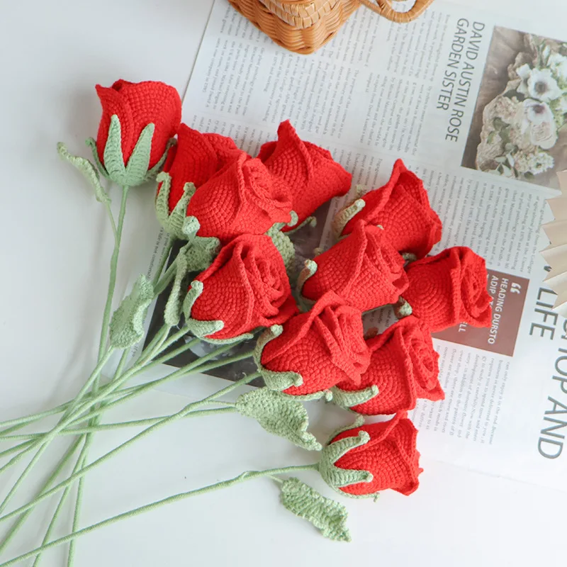 Finished Wine Glass Rose Hand-crocheted Wool Flower Eternal Flower Decoration Flower Arrangement Valentine's Day Send Girlfriend