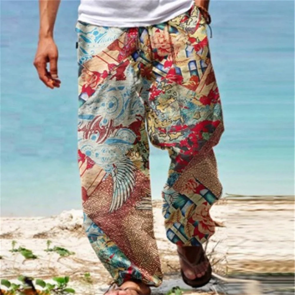 2025 new pants men men casual loose Harem pants elastic waist beach loose wide leg hippie pants