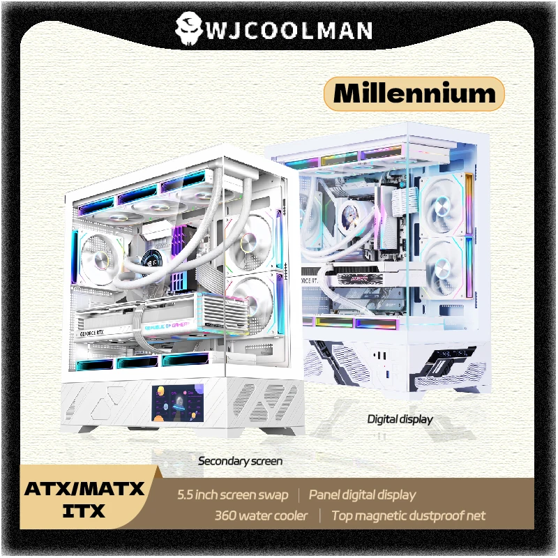 WJCOOLMAN Millennium ATX PC Case Secondary Screen/Digital Display Supports 360 Water-Cooled Sea View Room Desktop Computer Case