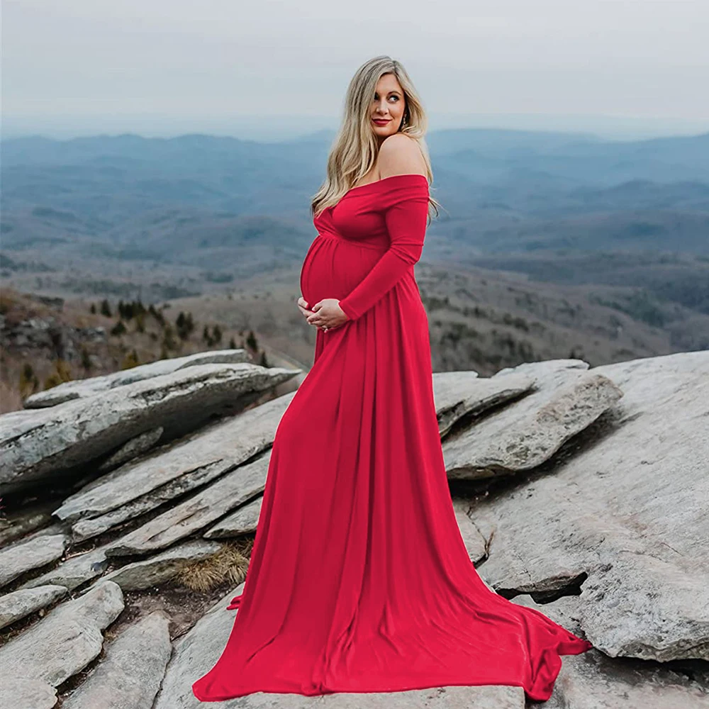 فستان ماكسي للأمهات برقبة على شكل حرف V وأكمام طويلة، فستان أنيق للتصوير الفوتوغرافي للنساء الحوامل