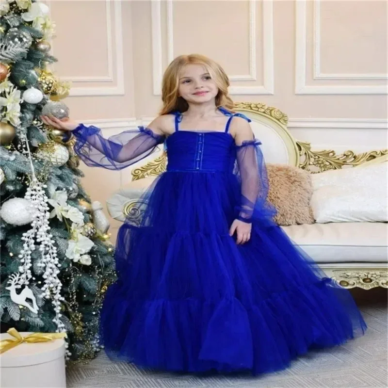 Elegance Flower Girl Dress Bright Blue Tulle Spaghetti Straps Children Girl Wedding Birthday Party First Communion Holiday Gown