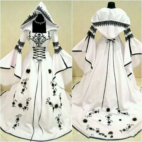 Vintage Celtic Black and White Wedding Dresses with Hood Renaissance fair cosplay costume medieval witch costume ball gown