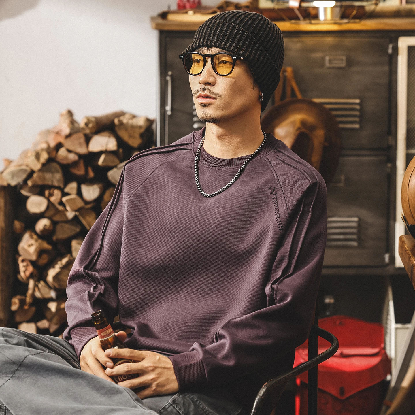 

Men's Spring and Autumn new retro heavyweight T-shirt, long-sleeved round-neck hoodie, loose top