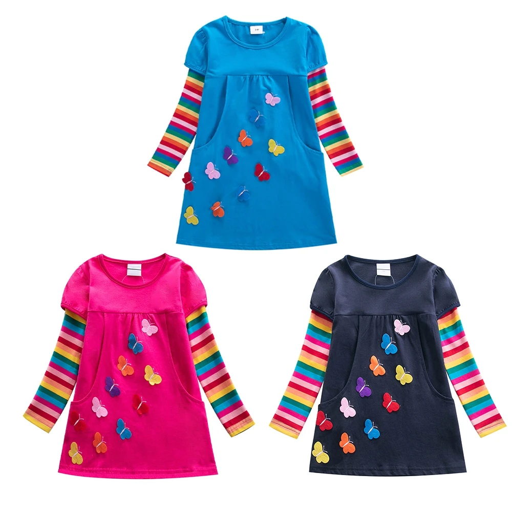 Baby Flower Embroidery Dress Kids Floral Dresses With Pockets Girls Rainbow Striped Cotton Casual Daily Dress Kids Skirt Clothes