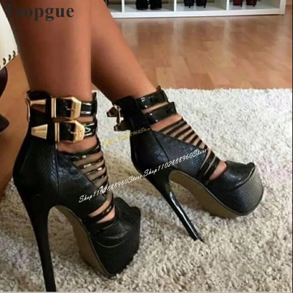 

Stylish Black Strappy Platform Casual Sandals Stilettos High Heel Shoes For Women Back Zipper Peep Toe Casual Stylish Sandals