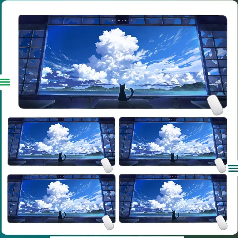 قطة سوداء ونباتات خضراء في غرفة النوم، لوحة ماوس كبيرة لطاولة مكتب الكمبيوتر، حصيرة مطاطية مضادة للانزلاق للوحة مفاتيح الألعاب #1