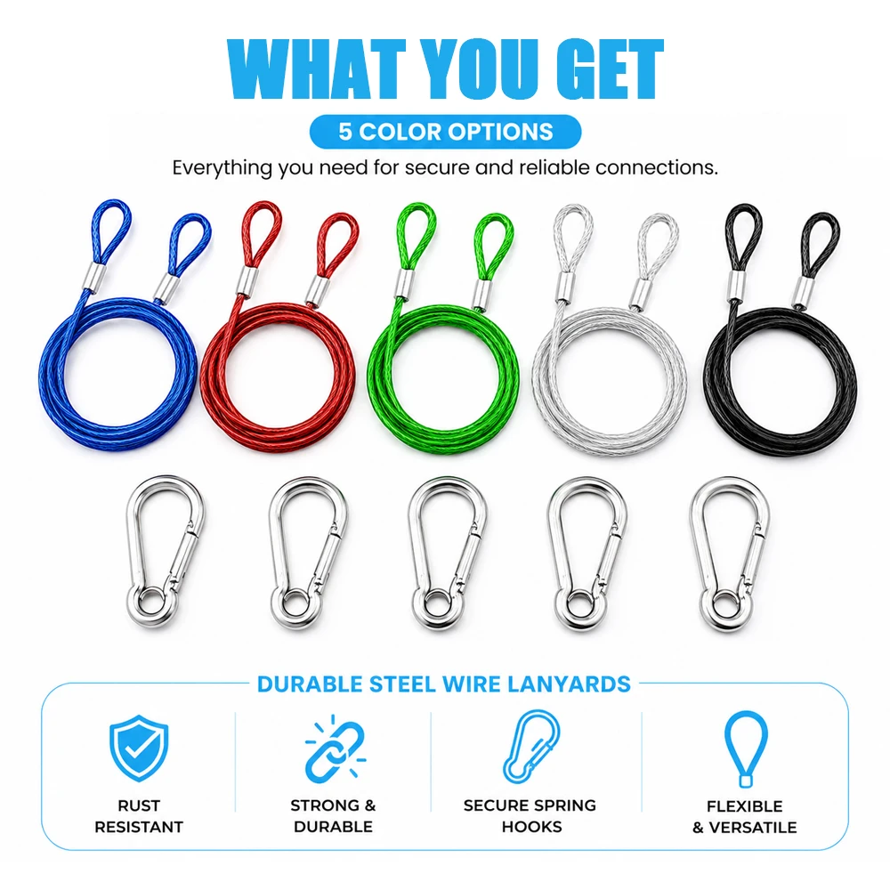 2mm Multi-color Stainless Steel Wire Rope Covered  PVC with M5 Spring Buckle for Fixed Suspension Safety Protection