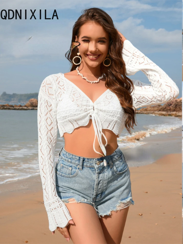 New Elegant Lace Hollow Out Top Summer V-neck Solid Color Flare Sleeve Knitted Cardigan Casual Loose Lace-up Beach Cover-Ups