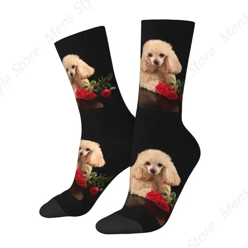 Poodle Dog With Rose Flower Men Women Crew Socks Unisex Fashion Animal Pattern Spring Summer Autumn Winter Dress Socks