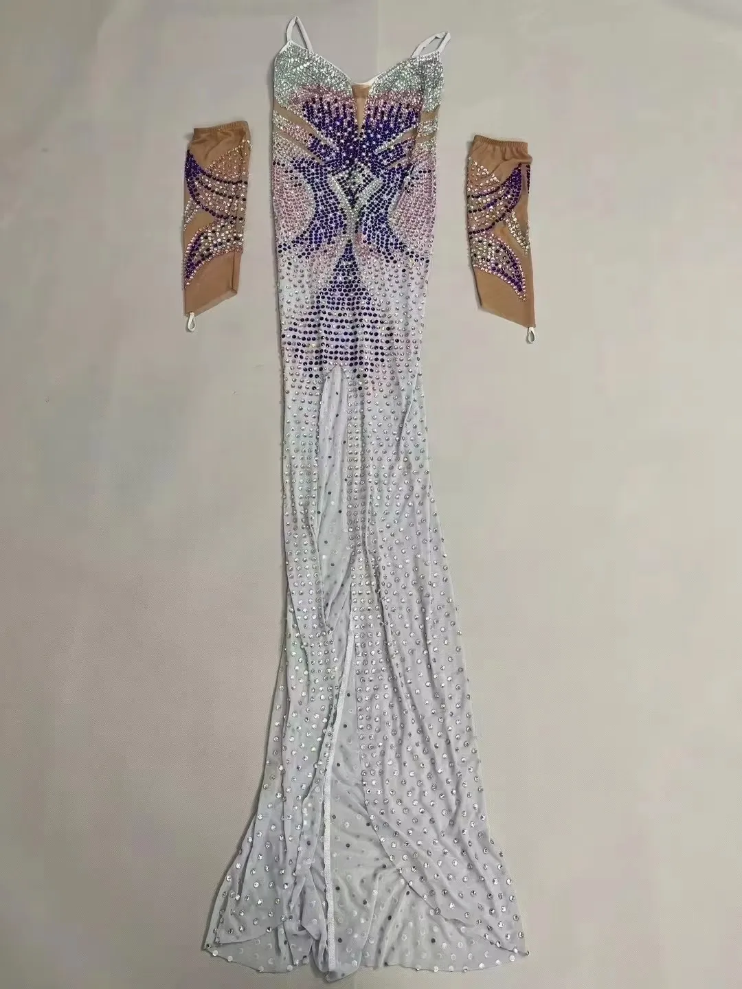 Luksusowa siateczkowa przezroczysta sukienka z kryształkami balowa wieczorowa chusta z rozcięciem długa sukienka kobiety piosenkarka kostium sceniczny strój na przyjęcie urodzinowe