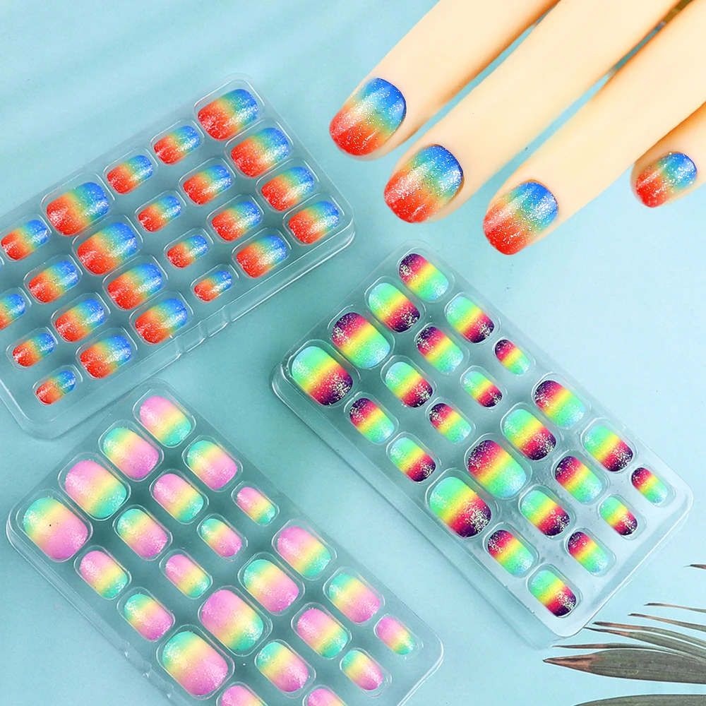 24 個レインボーキッズプレスオンネイルプレグルー子供グラデーショングリッター偽ネイルアートのヒントショートフルカバー偽爪女の子のため