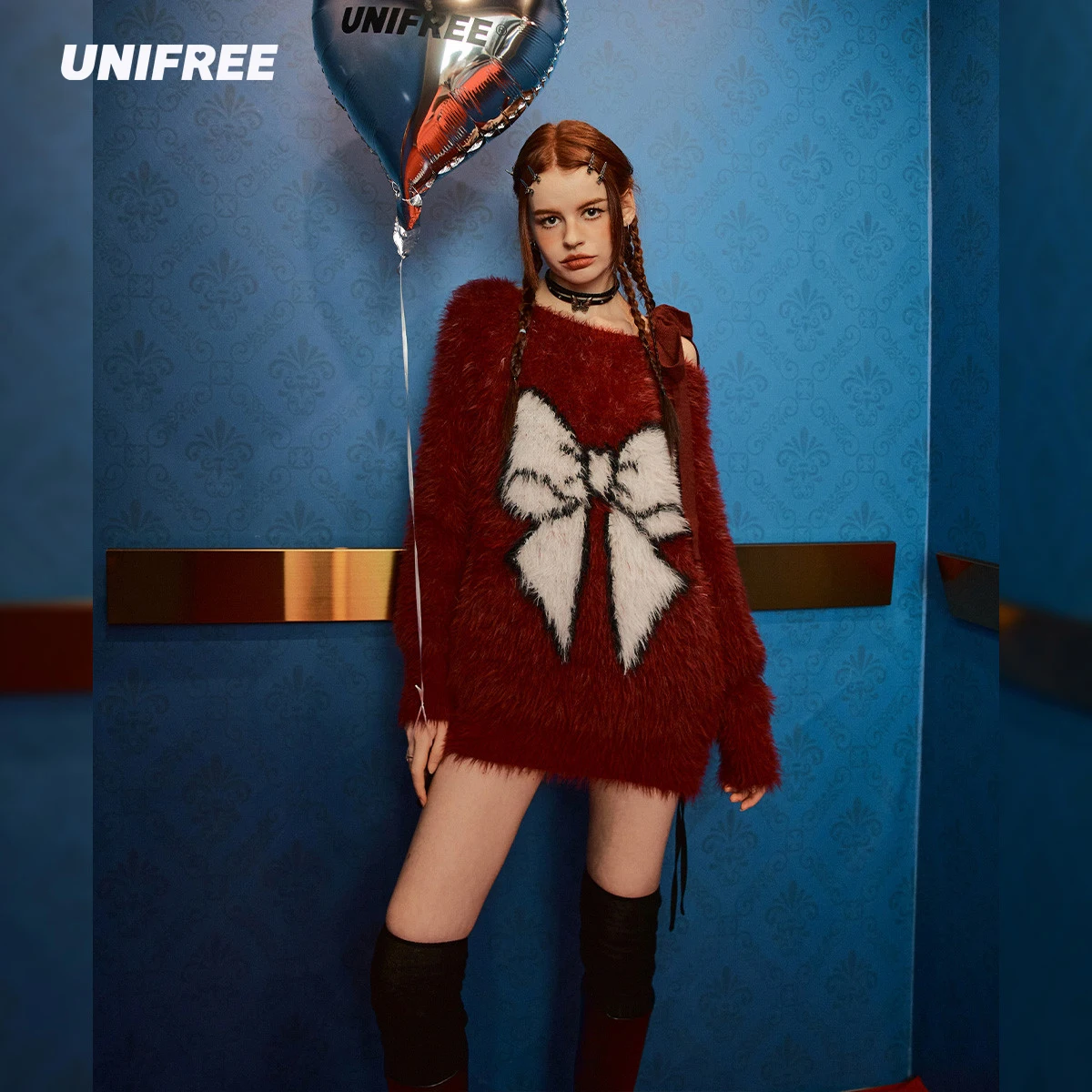 

UNIFREE Bow Embroidery Red Sweater for Women Bow Embroidery Loose Fashion Casuals Plush Pullovers Autumn Winter Warm Sweaters