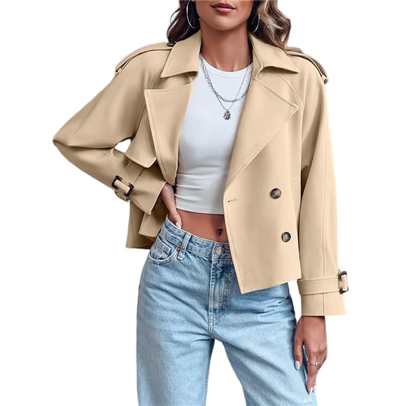 

COSW-Женские двубортные плащи с длинными рукавами и зубчатыми лацканами, повседневные свободные укороченные плащи с карманами