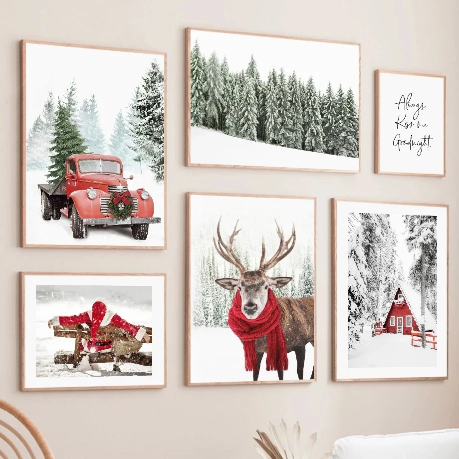 Christmas Posters and Prints Snow Moose Forest Winter Landscape Wall Art Pictures Canvas Painting Print Living Room Home Decor