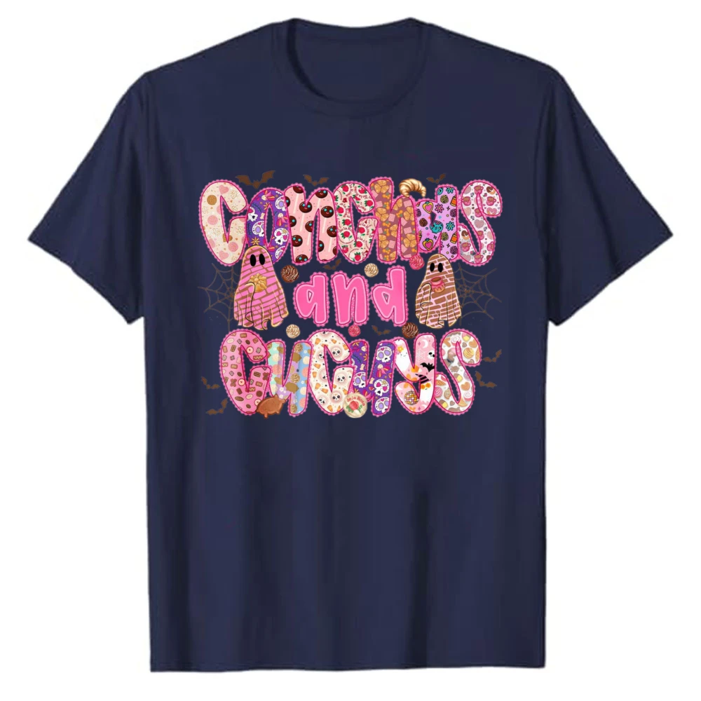 Conchas and Ghosts T‑Shirt Mexican Sweet Bread Patterned Lettering Cute Pan Dulce Ghost Colorful Retro Font Cotton Casual Tops