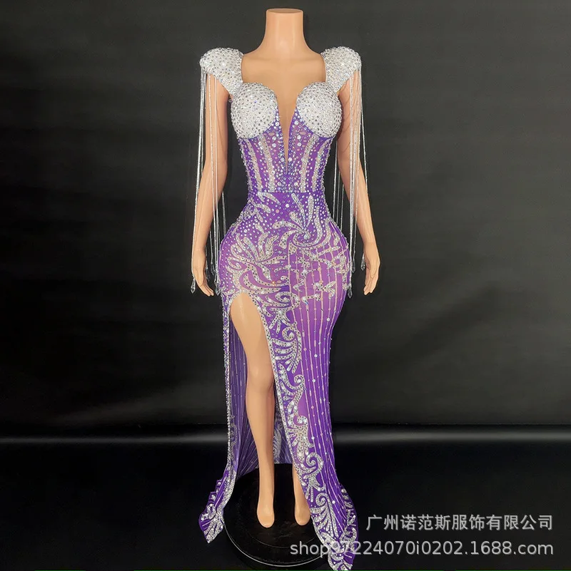 فاخر حجر الراين مزاجه الأرجواني الاجتماعي فستان العشاء الكبار نموذج المنصة الملابس العصرية الاجتماع السنوي ملابس المهنية