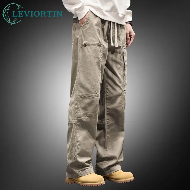 American Streetwear Men's Cotton Cargo Pants Edgy Biker Multi-Pockets Casual Straight Leg Drawstring Work Trousers