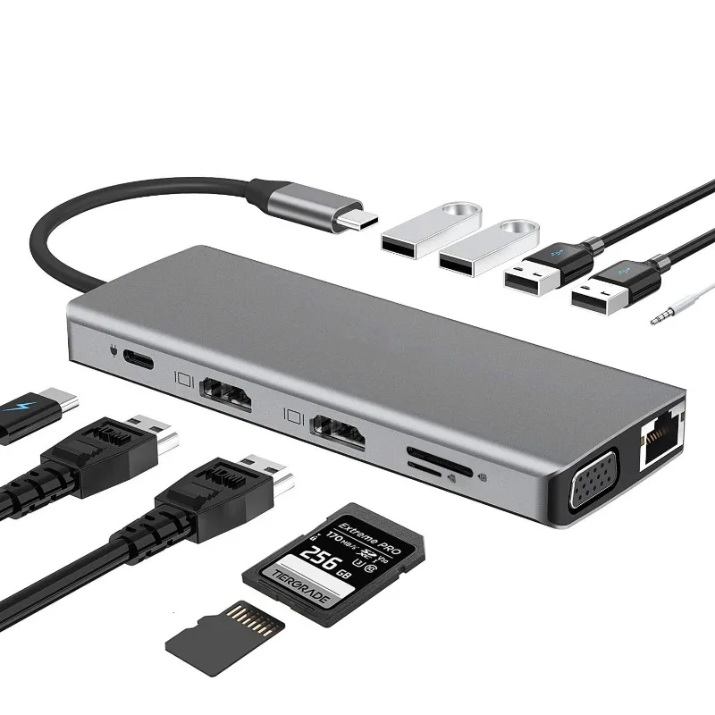 12-in-1 Type-C to Dual HDMI & VGA Docking Station, Mirror & Extend, USB Hub for MacBook Laptops