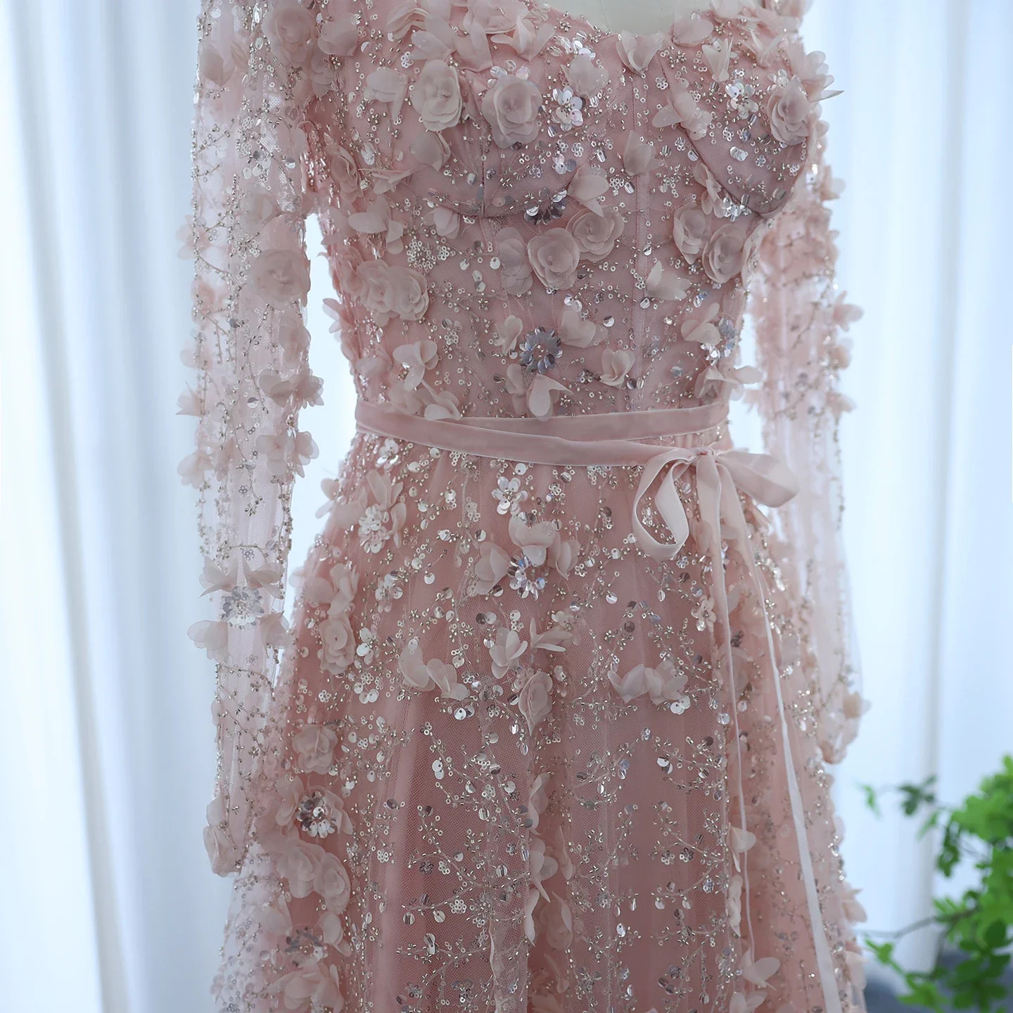 شارون سعيد رمادي فاخر ثلاثية الأبعاد زهرة طويلة الأكمام فساتين السهرة للنساء حفل زفاف العربية ألف خط فساتين رسمية SS353 مخصصة