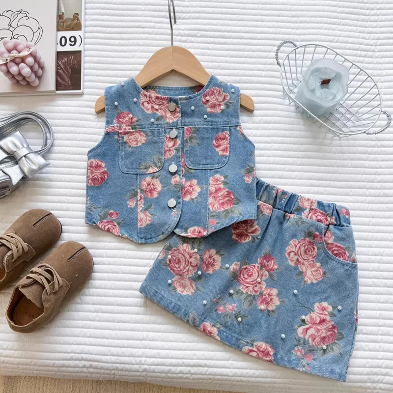 

2026New Summer Girls' Soft Denim Outfit: Stylish Printed Beaded Vest Top and Short Skirt Two-Piece Set