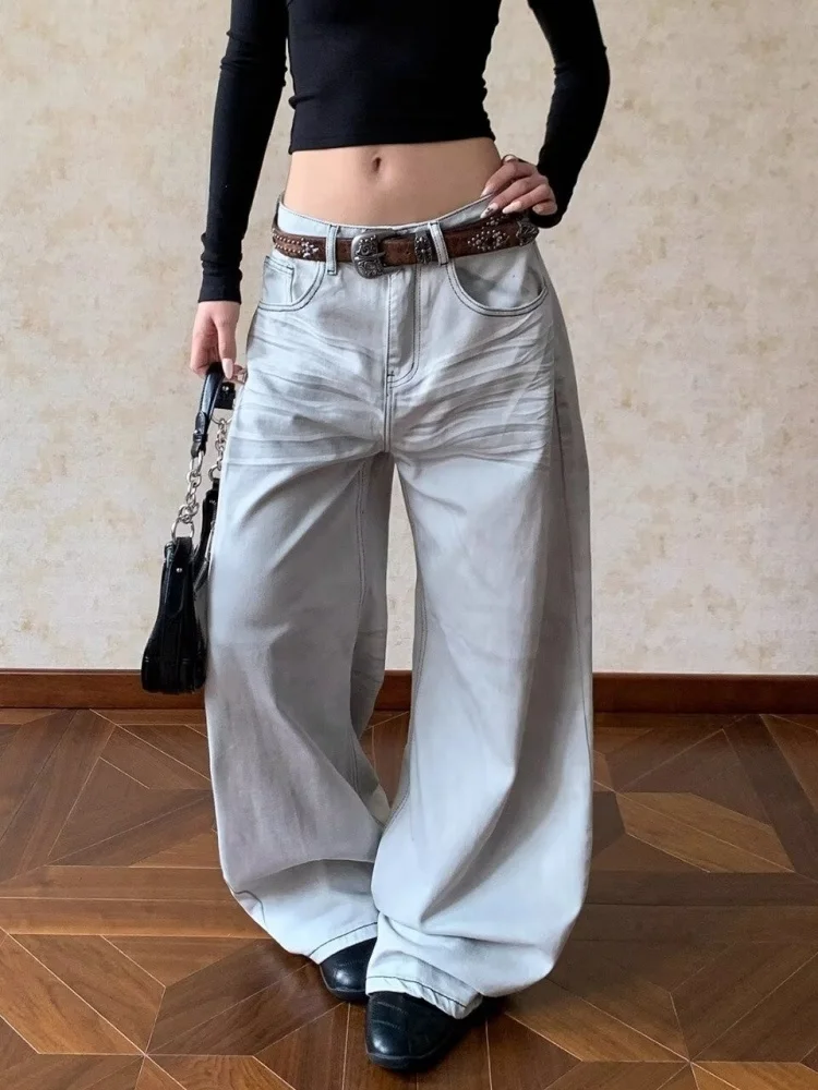 2025 American Retro Y2K Style Dirty Washed White Baggy Women's Jeans Pants For Woman Clothes Wide Leg Cotton Loose Long Trousers