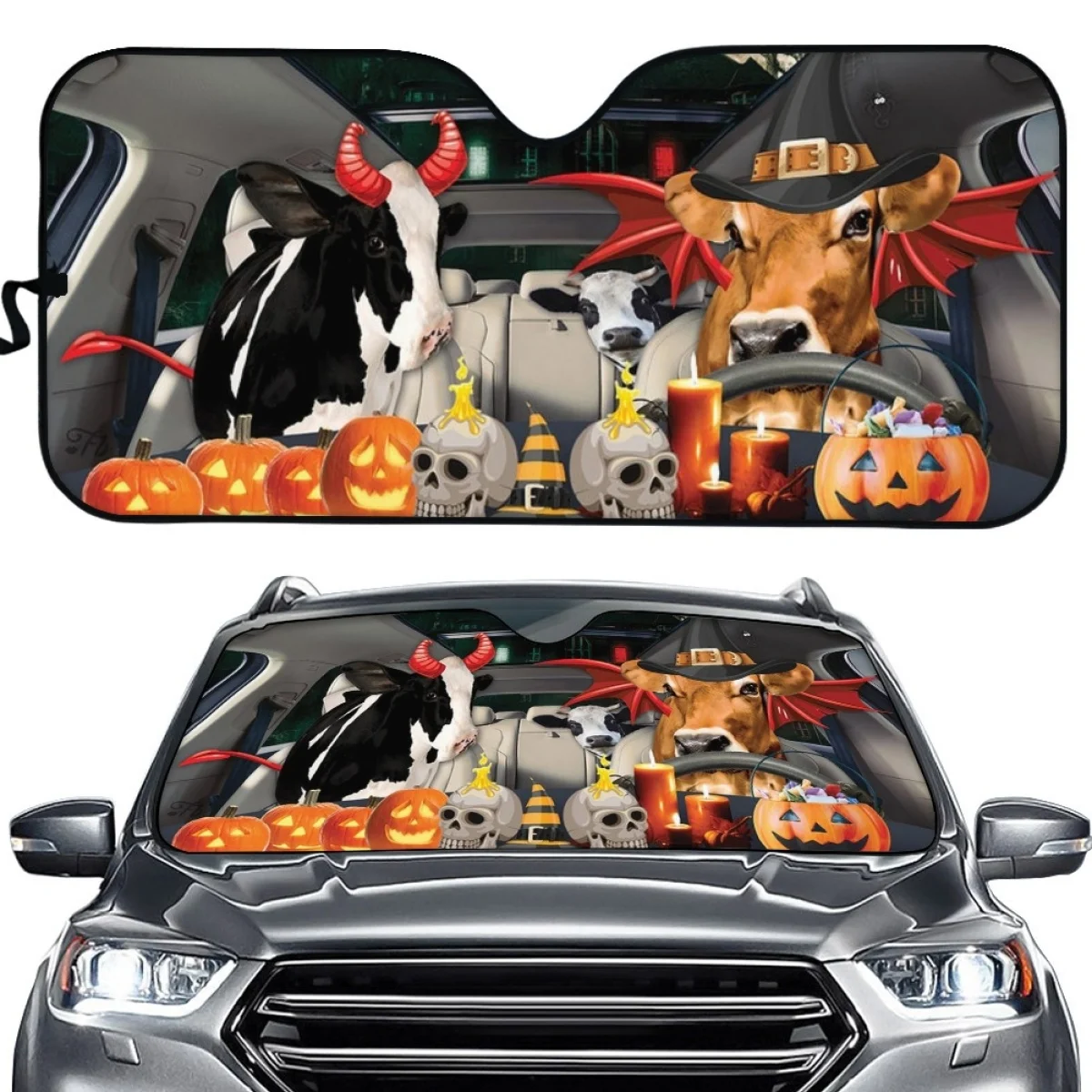 Halloween Cow 3D Printed Car Accessories Fold-up Sunshade Easy To Intall Men UV and Heat Sedan Truck Sun Shade Windshield Cover