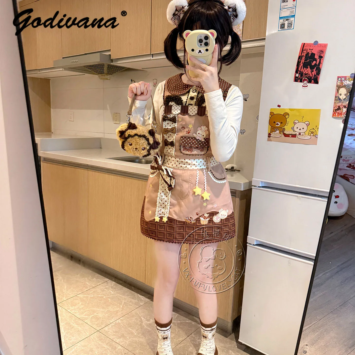 الأصلي ابنة فتاة دمية طوق كم طويل تي شيرت لطيف الكرتون الحمالة فستان الدب التطريز Kawaii الأشرطة برعم مجموعة تي شيرتات قصيرة للأطفال