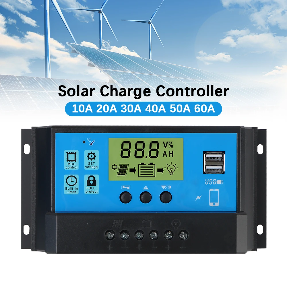 Solar Panel Battery Regulator Solar Charge Controller LCD Display 12V 24V PWM Dual USB 5V Output 10A 20A 30A 40A 50A 60A