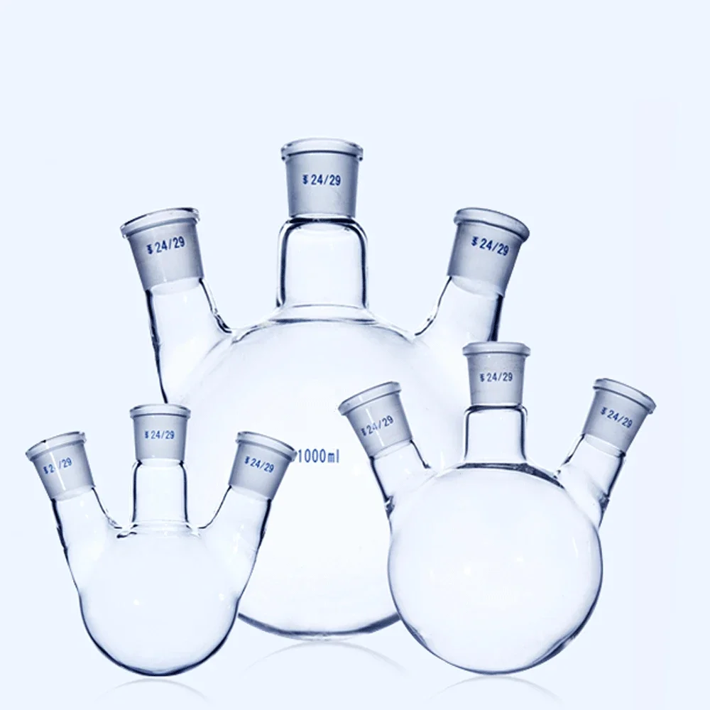 25 50 100 250 500 1000ml 14/23 19/26 24/29 29/32 Three Necks Boro. Glass Flask Lab Round Bottom Glassware Chemical Experiment