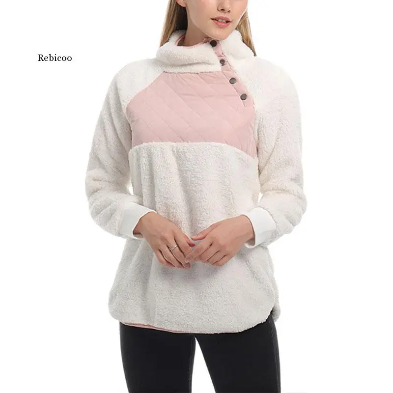 

Women Autumn Winter Wool Stitching Plush Diagonal Collar Hoodie Tops Female Outers Causal Hooded Thicken Pullover Coat Plus Size