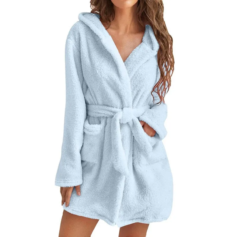 Plush Pajamas Solid Color Hooded Home Warm Bathrobe Women Sleepwear  Sleep Wear  Pyjama Pour Femme