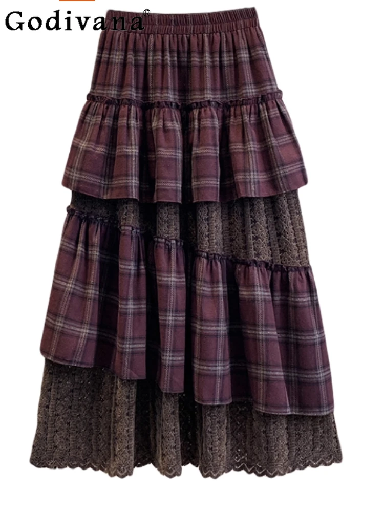 

Large Size Women Autumn Retro Plaid Ruffles A-line Skirt Fashion Irregular Splicing High Waist Versatile Age-reducing Skirts