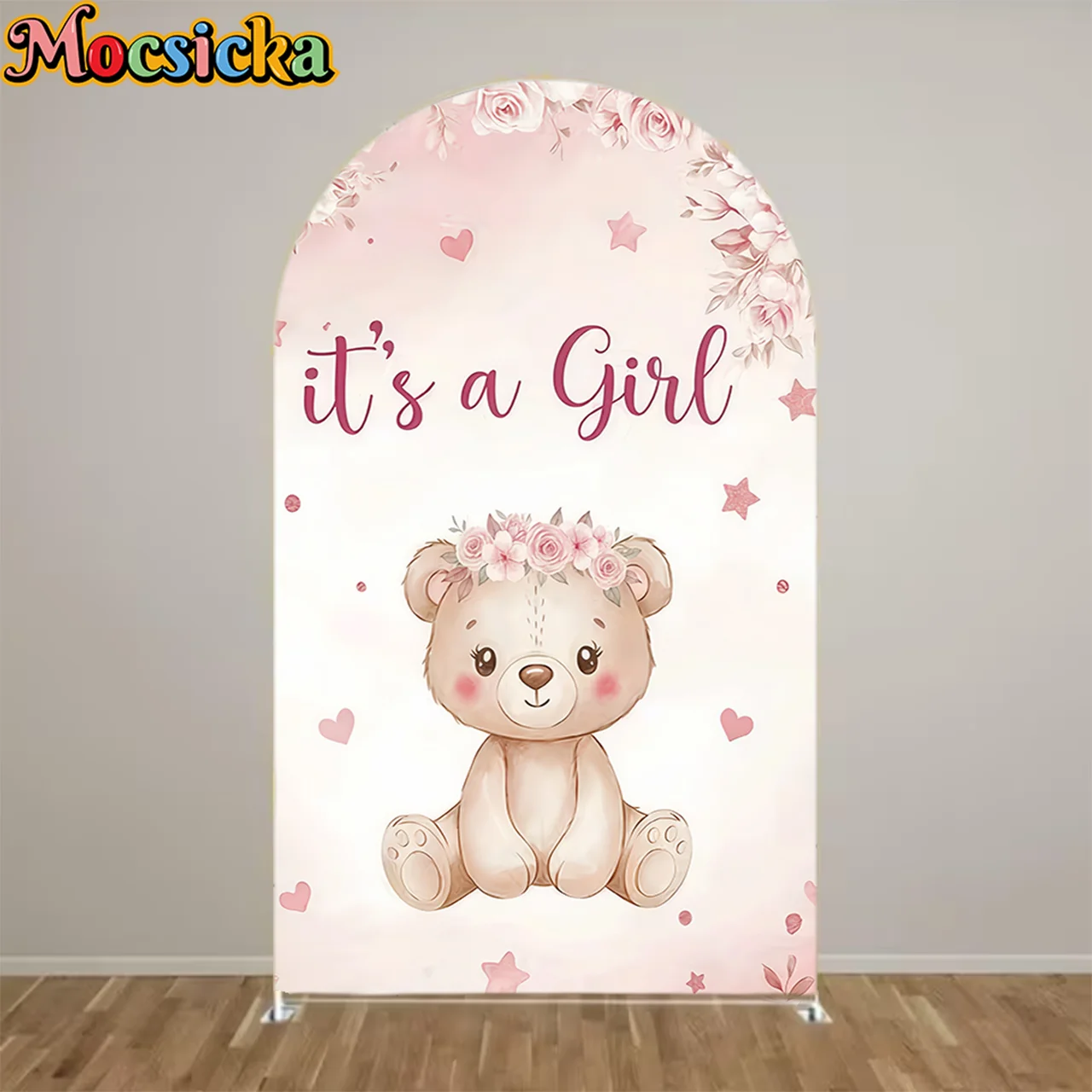 

Mocsicka Adorable 2-sided Bear Arch Backdrop Pink it's a girl Gender Reveal Party Arch Backdrop Birthday Party Decorations
