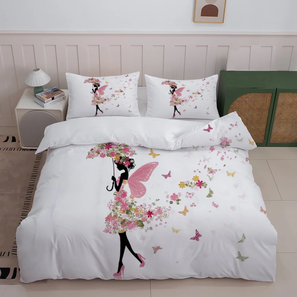 The Latest Printed Quilt Cover Set, 3-Piece Set, 1 Quilt Cover + 2 Pillowcases (Without Filling) 2D Flat Floral Umbrella and Butterfly Fairy Quilt Cover Set, Suitable for All Seasons, Machine Washable, Invisible Zipper, Large Quilt Cover Set, Bedding Set Quilt Cover