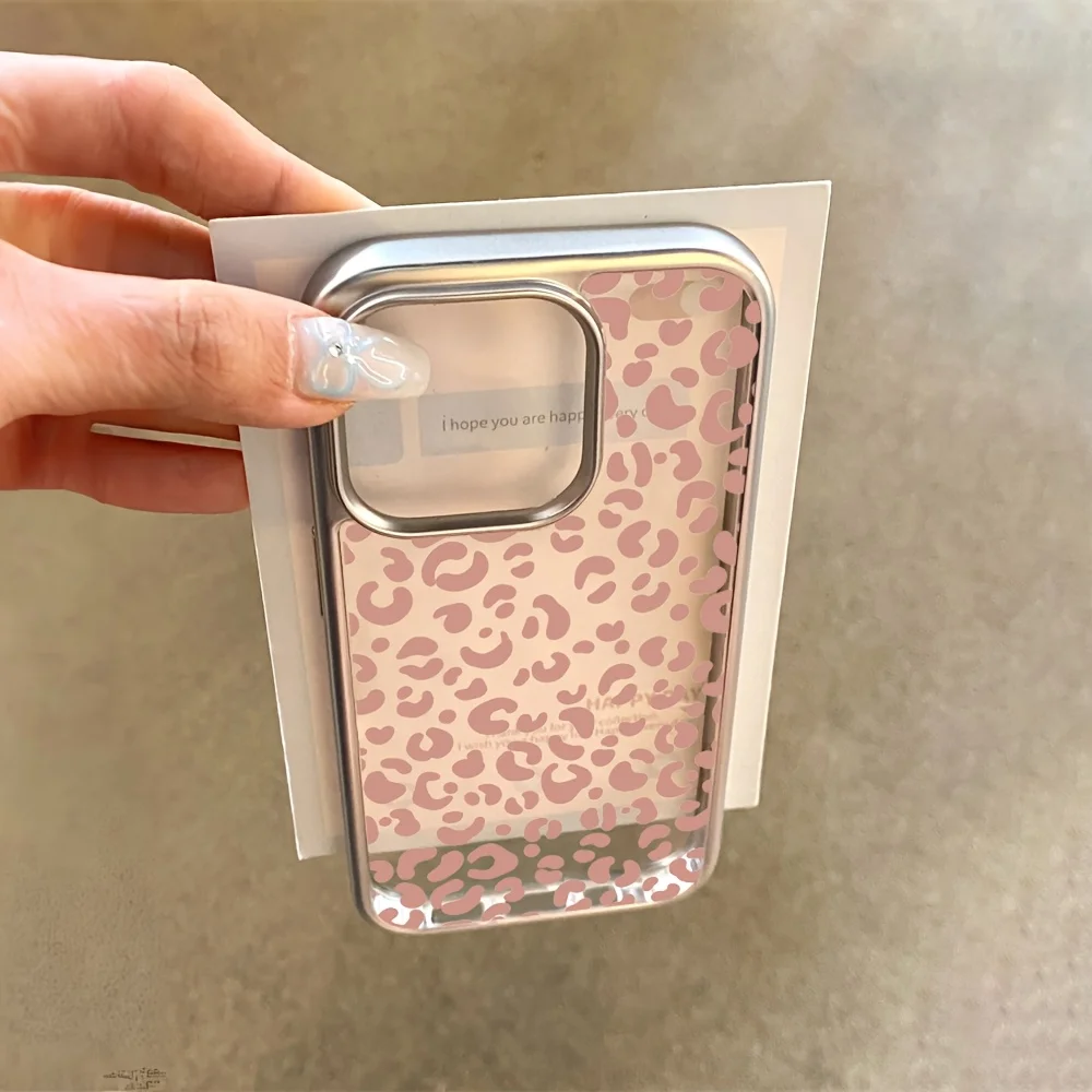 Pink Leopard Print Electroplated Transparent Phone Case for iPhone 17 Air 16 E 15 14 Plus 13 12 Mini 11 Pro Max Silicone Cover