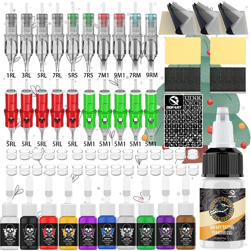 DQFART Tattoo Kit 10Pcs 5ml Tattoo Ink 20Pcs Tattoo Needle 30Pcs Tattoo Ink Cup Practice skin Tattoo Accessories Tattoo Supplies