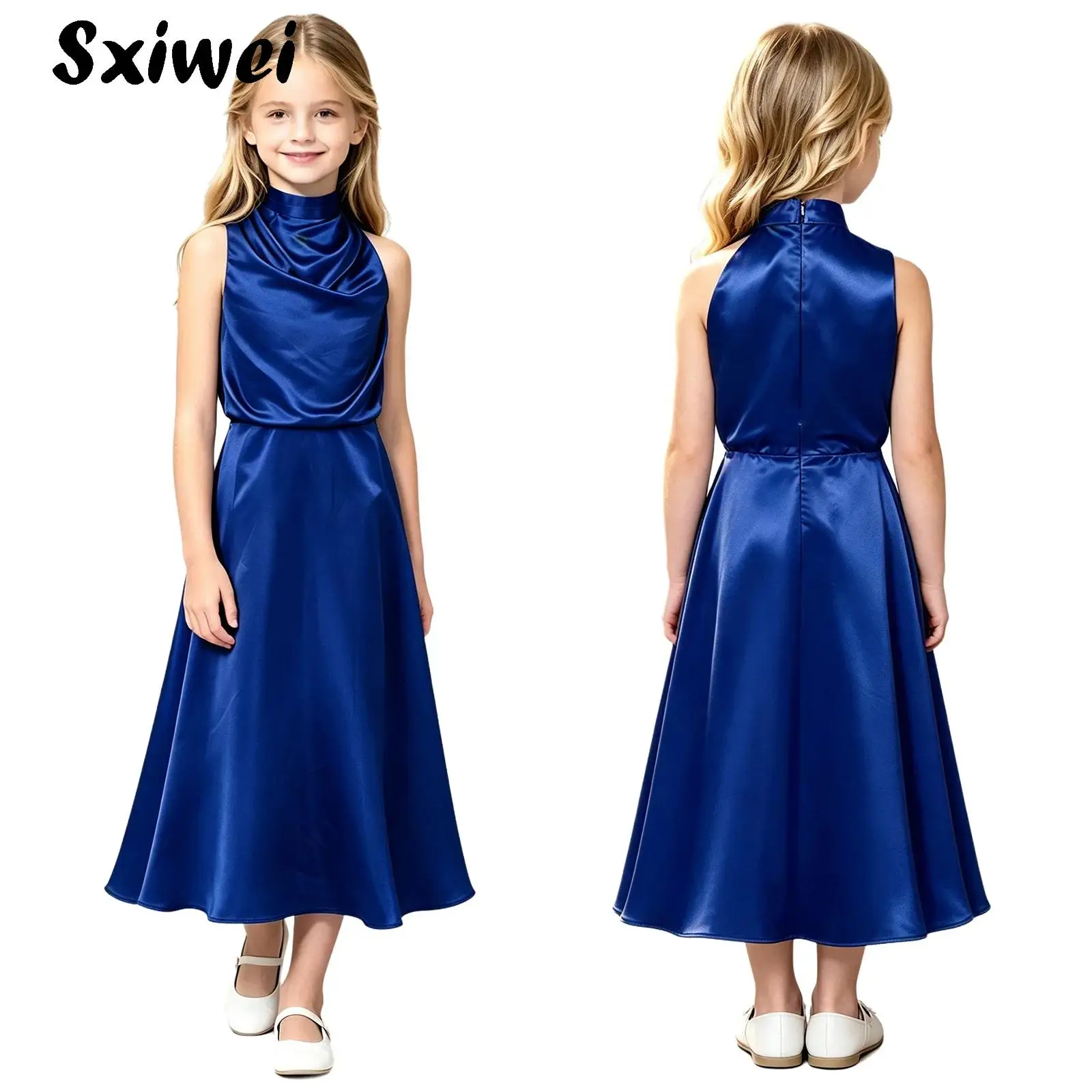 Elegant Flower Girls Satin Party Dress Kids Sleeveless Ruched Bodice Princess Dress Wedding Party Gown Pageant Banquet Birthday