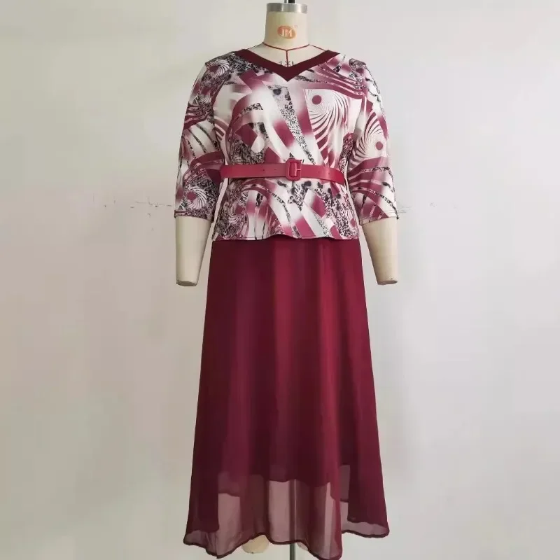 Vestido maxi estampado em poliéster para mulheres, vestido dashiki, manga 3/4, decote em v, plus size, longo, moda outono, XL-5XL