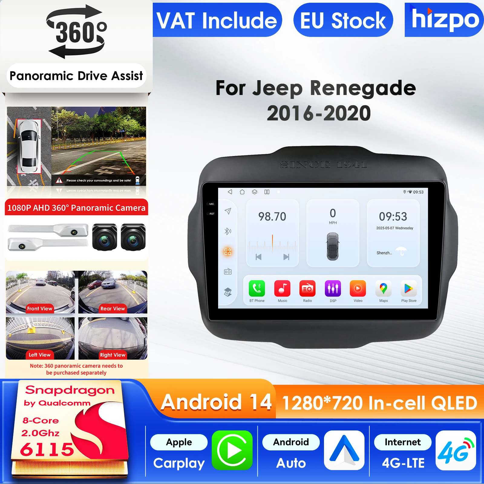 Hizpo 2 Din Android 14 lecteur multimédia de voiture pour Jeep Renegade 2016-2020 GPS Carplay 4G écran Intelligent Autoradio 360 caméra