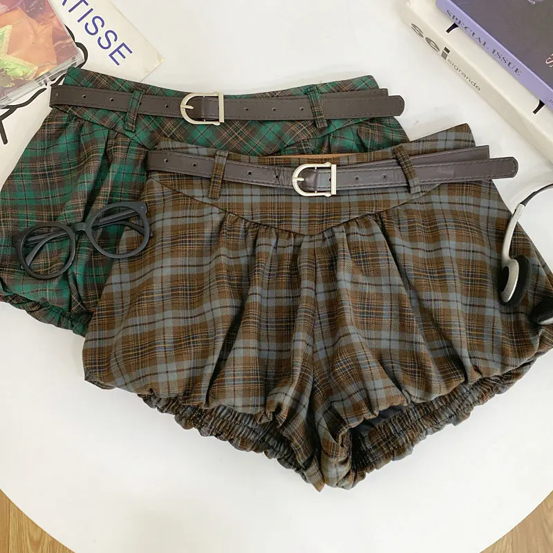 Women Brown Plaid Shorts Vintage Harajuku A-line Casual Shorts 2000s Y2k Gyaru High Waist Hot Pants Shorts Spring Summer Clothes