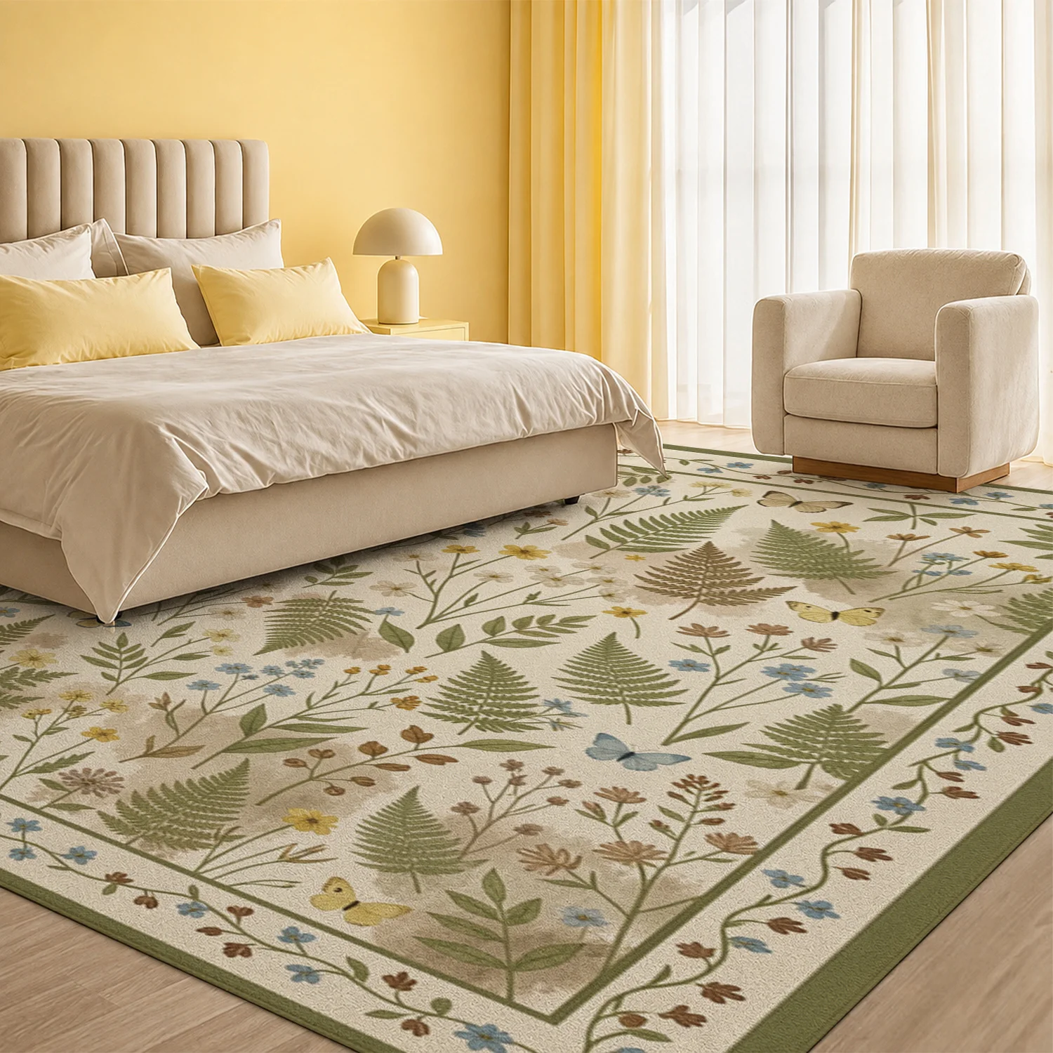 Botanical Floral Fern Butterfly Pattern Velvet Area Rug, Machine Washable Soft Decorative Floor Mat for Living Room Bedroom Dining Room Entryway, Ideal for Halloween Thanksgiving Christmas New Year Holiday Home Decor, Cozy Indoor Rug for Daily Use