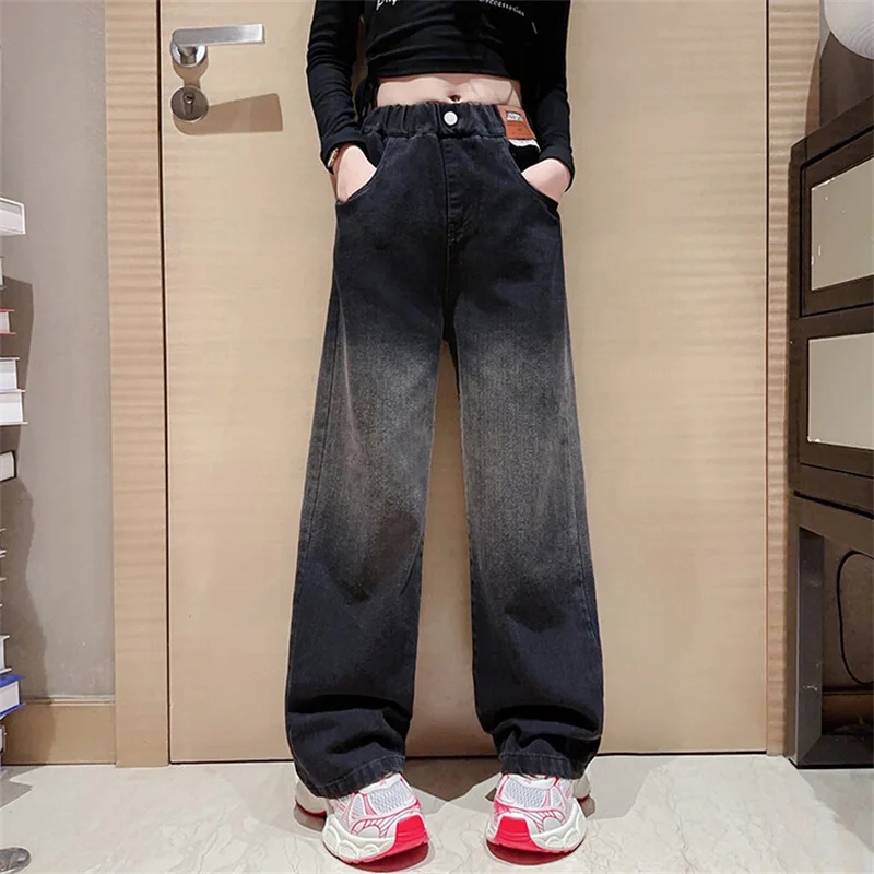 Girls' spring and Autumn jeans 2024 new Korean version of children with gradient color wide-leg pants 6-15 years old