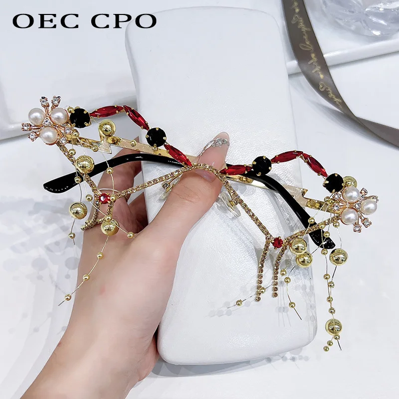 Diamond Metal Sunglasses Women Sexy No Lens Rhinestone Glasses Frame Ladies Pearl Tassel Luxury Eyewear Lunette Soleil Femme
