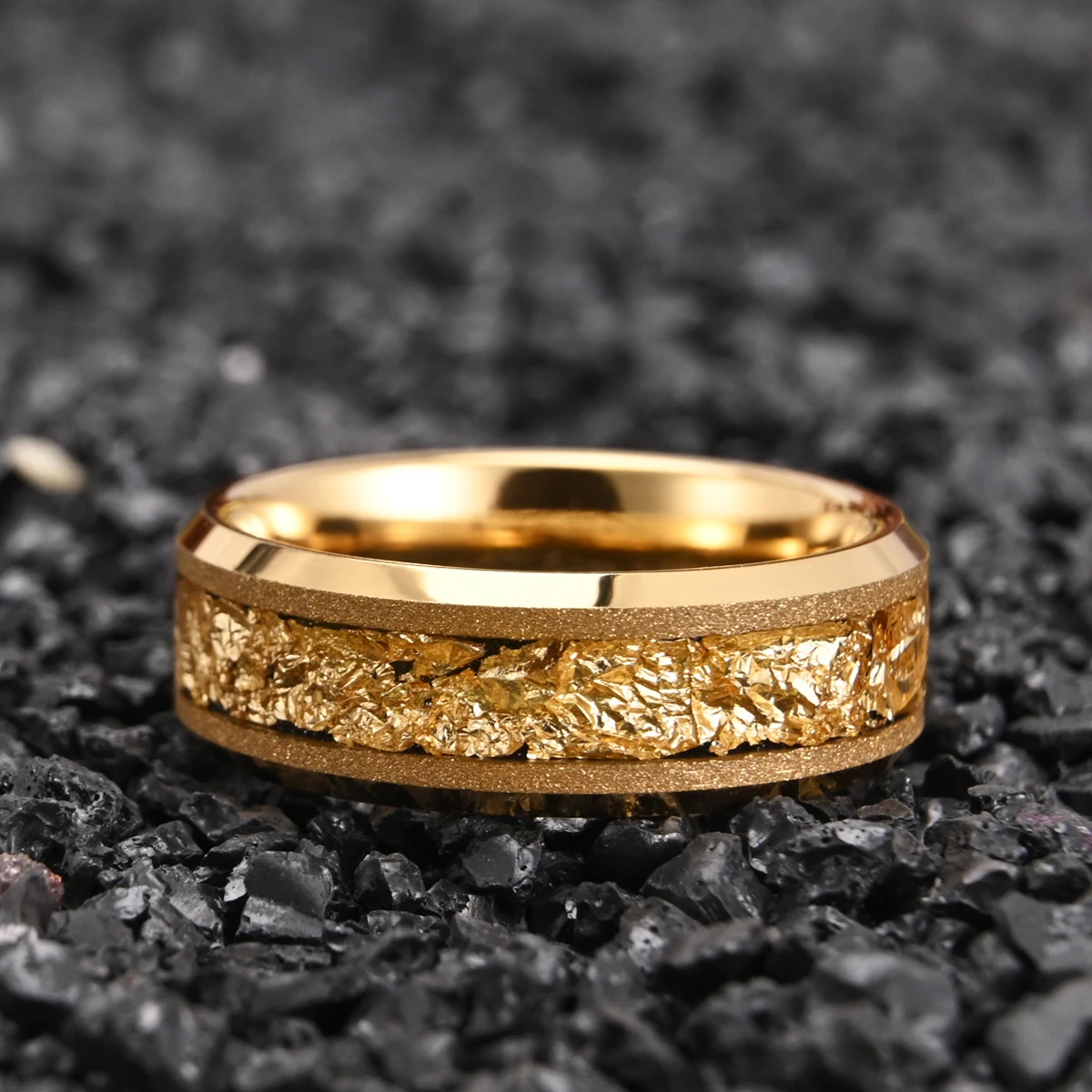 Golden Tungsten Carbide Ring 8mm/6mm Frosted Golden Leaf Men\'s Engagement Ring Novelty Style for Wedding Daily Wear